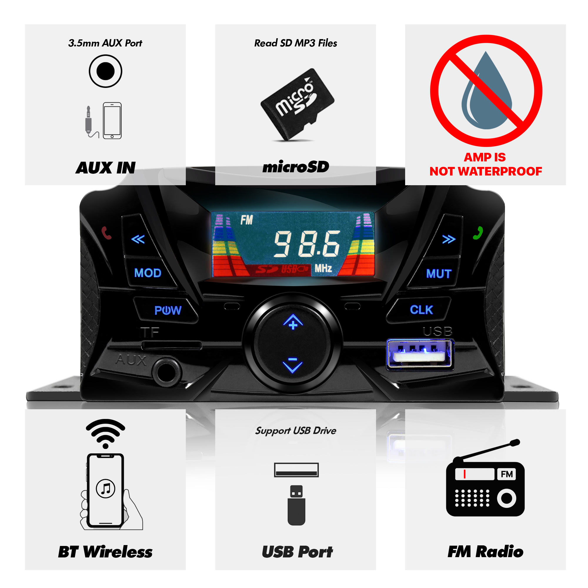 TS3 Black Handlebar Mount MP3 Music Player Audio Stereo Amplifier System ATV UTV w/AUX in USB GoHawk TS3 Gen.2 Motorcycle 3 Waterproof Bluetooth Speaker 7/8-1 in Micro SD FM Radio 