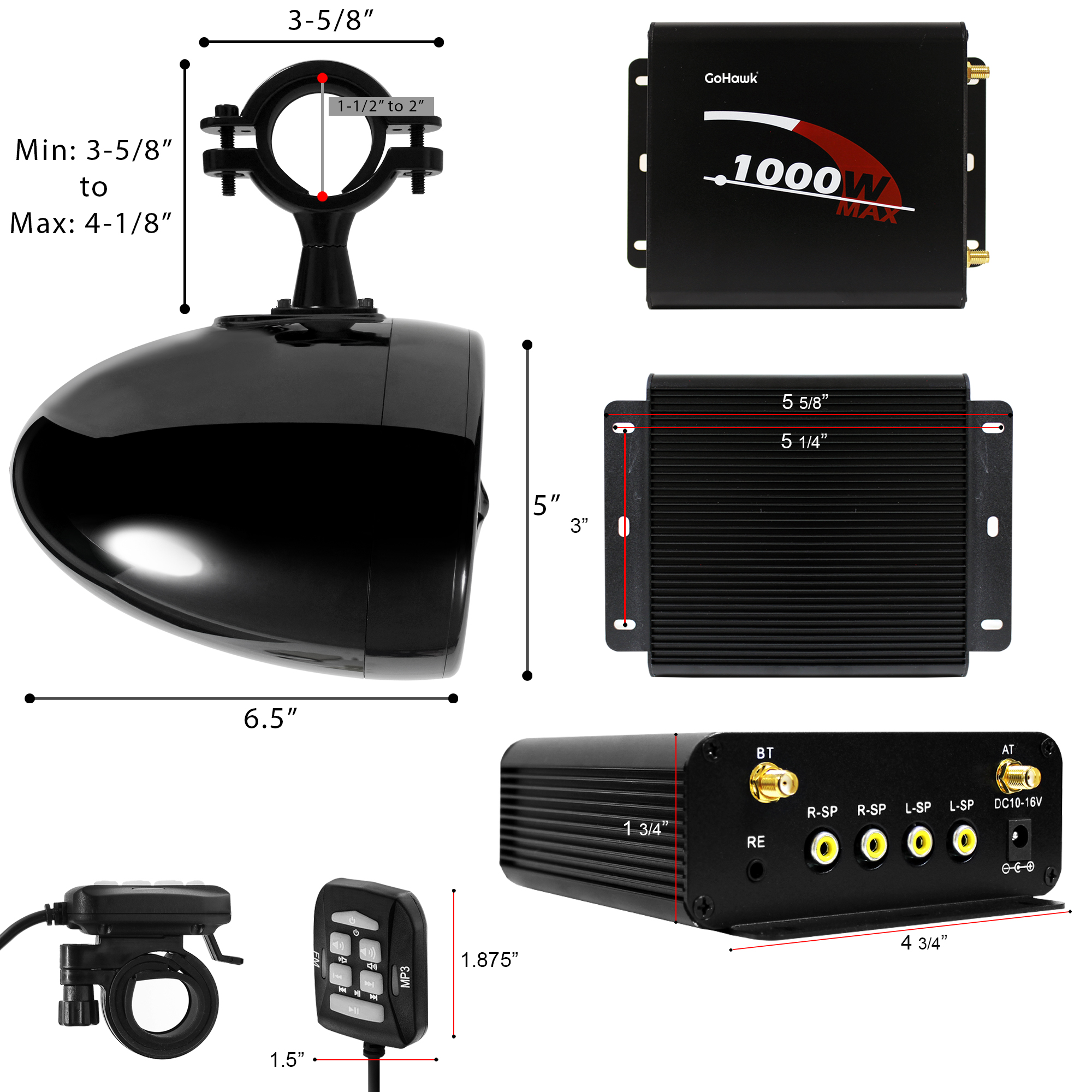 GoHawk TS5-Q 4 Channel Amplifier 5 Full Range Waterproof Bluetooth Stereo Speakers Audio Amp System w/AUX USB SD Radio for 1.5 to 2 ATV UTV Can-Am Polaris Jeep