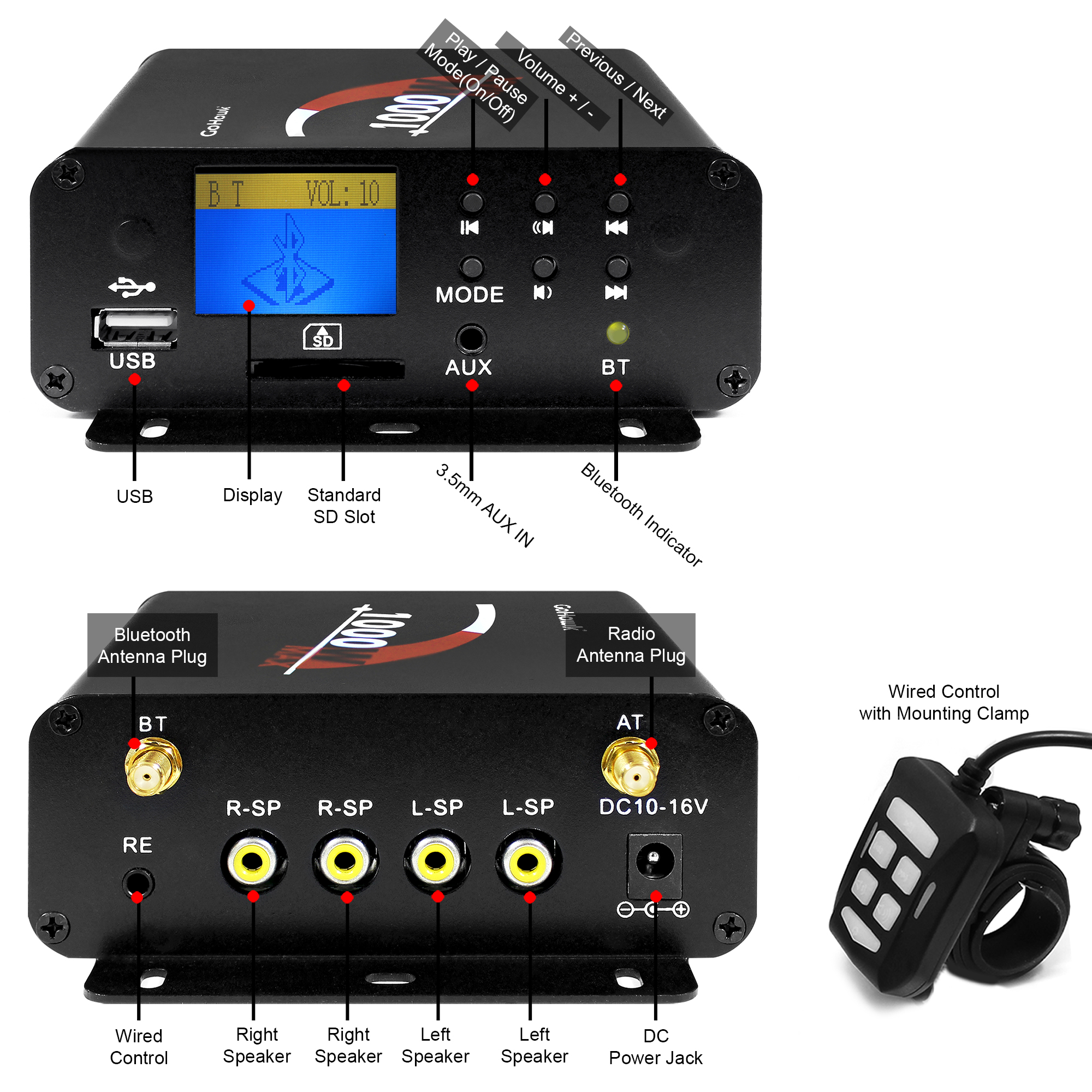 Bluetooth Motorcycle Stereo 4 Speakers Audio Amplifier System AUX USB FM UTV ATV 