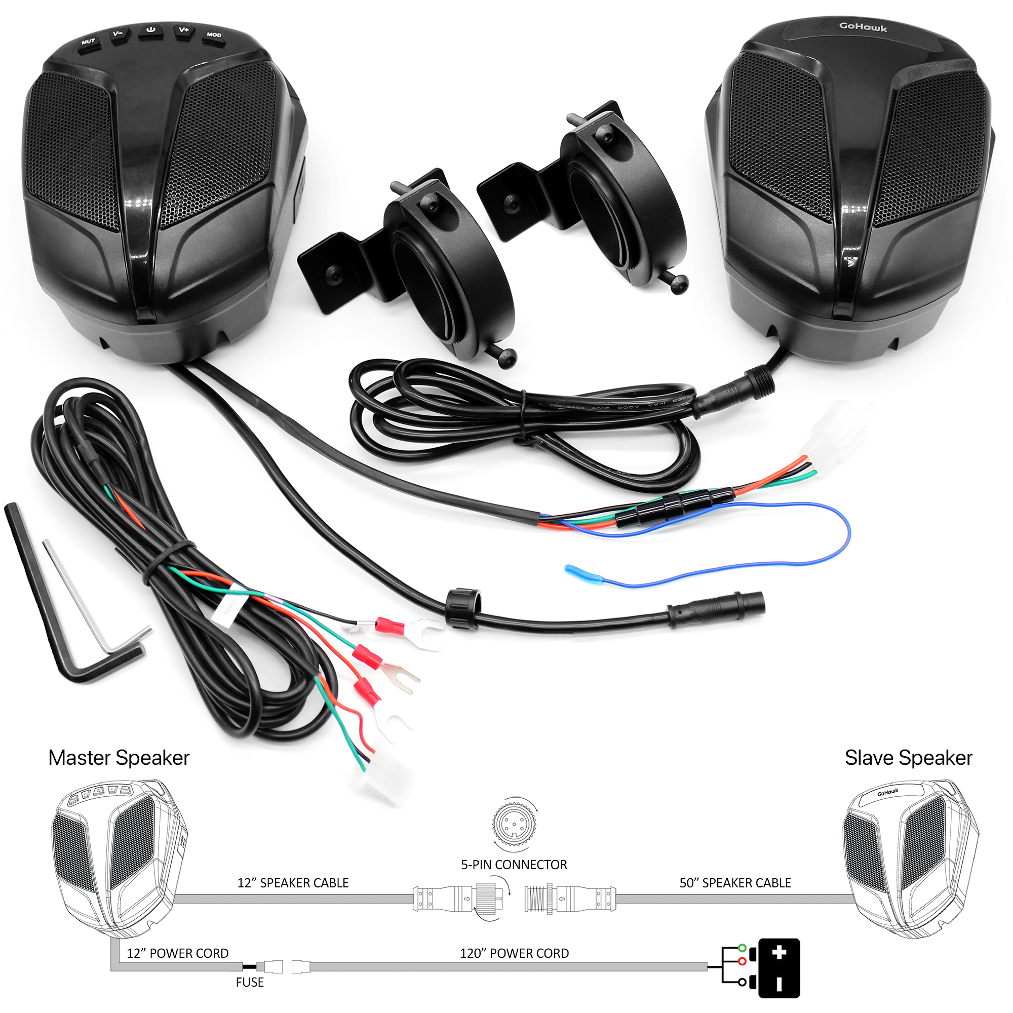 GoHawk TS5-Q 4 Channel Amplifier 5 Full Range Waterproof Bluetooth Stereo Speakers Audio Amp System w/AUX USB SD Radio for 1.5 to 2 ATV UTV Can-Am Polaris Jeep